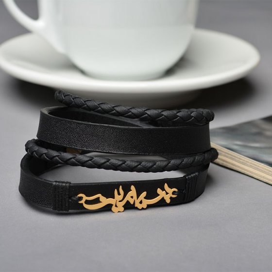 دستبند طلا چرم با اسم بنیامین