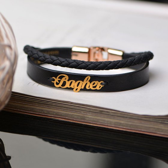 دستبند طلا چرم با پلاک اسم باقر