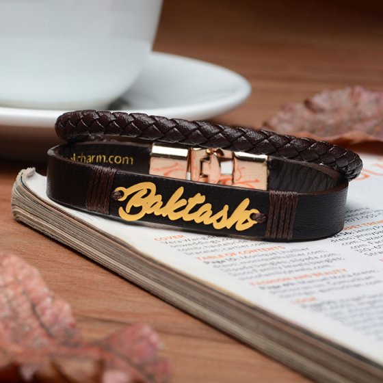 دستبند طلا چرم با پلاک اسم بکتاش