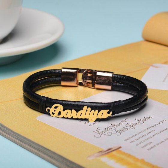 دستبند طلا چرم با پلاک اسم بردیا
