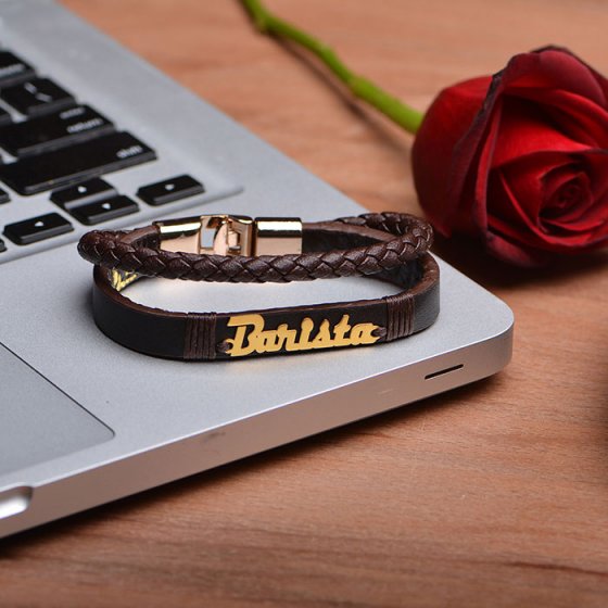 دستبند طلا چرم با پلاک اسم باریستا