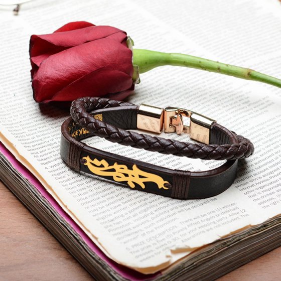 دستبند طلا چرم با پلاک اسم بهجت