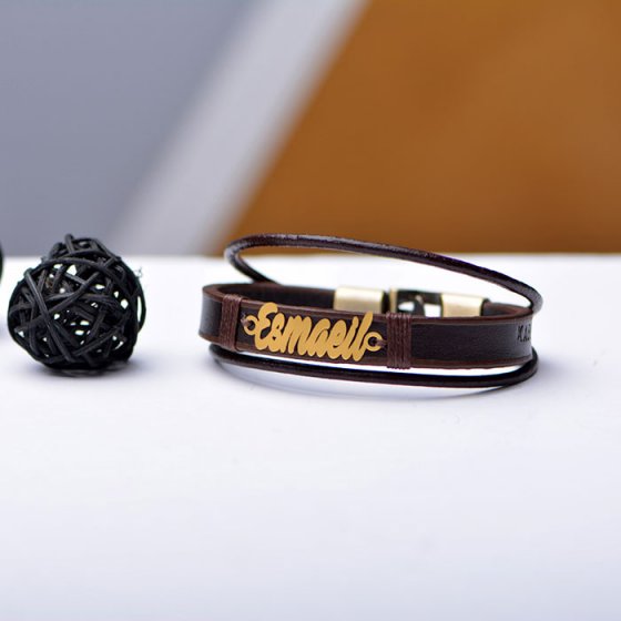 دستبند طلا چرم با پلاک اسم اسماعیل