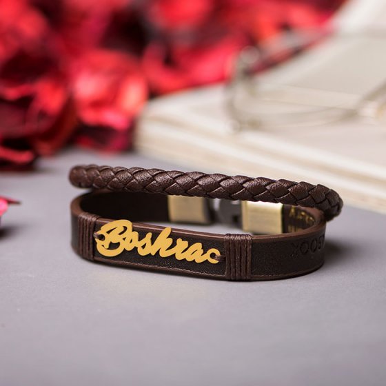 دستبند طلا چرم با اسم بشری
