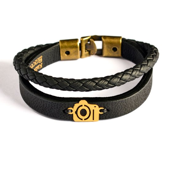 دستبند طلا چرم با پلاک طرح دوربین