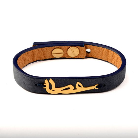 دستبند طلا چرم با پلاک اسم عطا