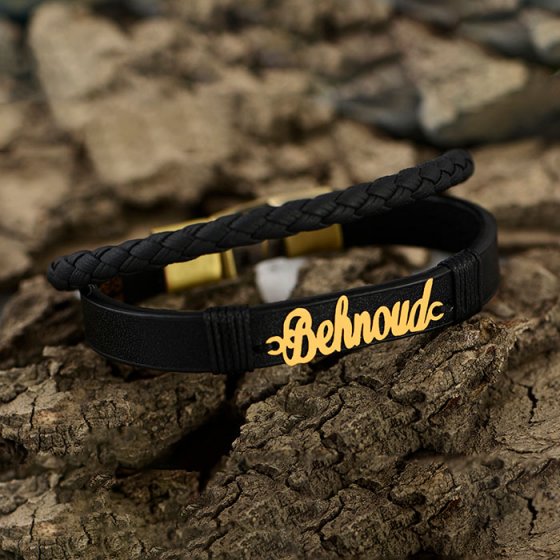 دستبند طلا چرم با پلاک اسم بهنود