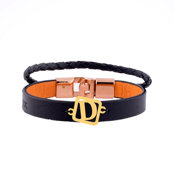 دستبند طلا چرم با پلاک حرف D