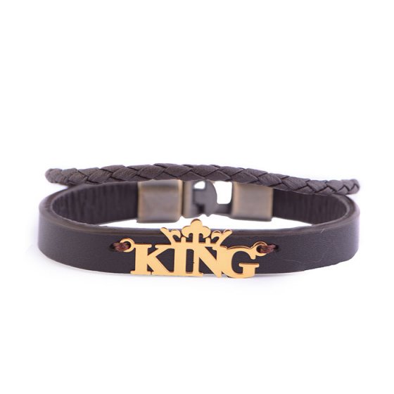 دستبند طلا چرم با پلاک اسم king