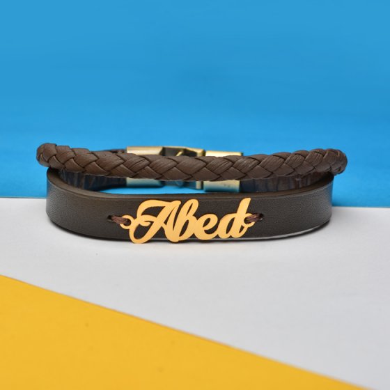 دستبند طلا چرم با اسم عابد