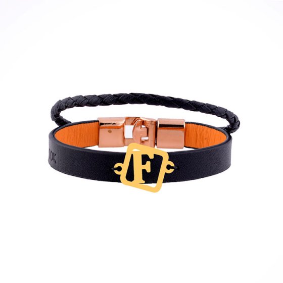 دستبند طلا چرم با پلاک حرف F