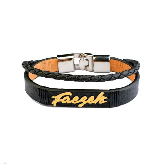 دستبند طلا چرم با پلاک اسم فائزه