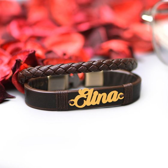 دستبند طلا چرم با اسم الینا