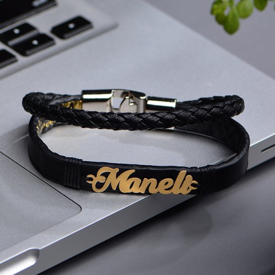 دستبند طلا چرم با اسم مانلی