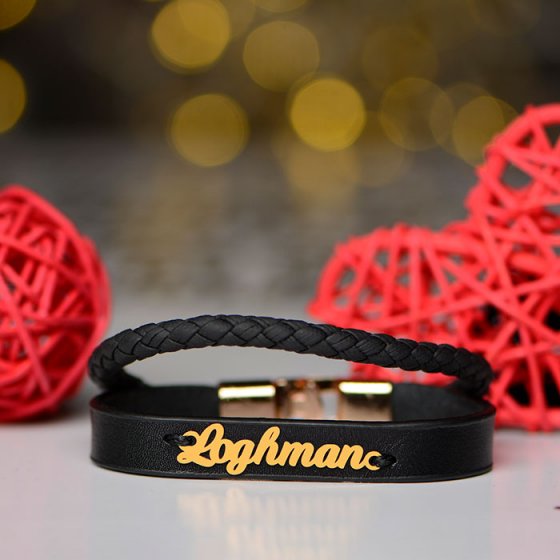 دستبند طلا چرم با پلاک اسم لقمان