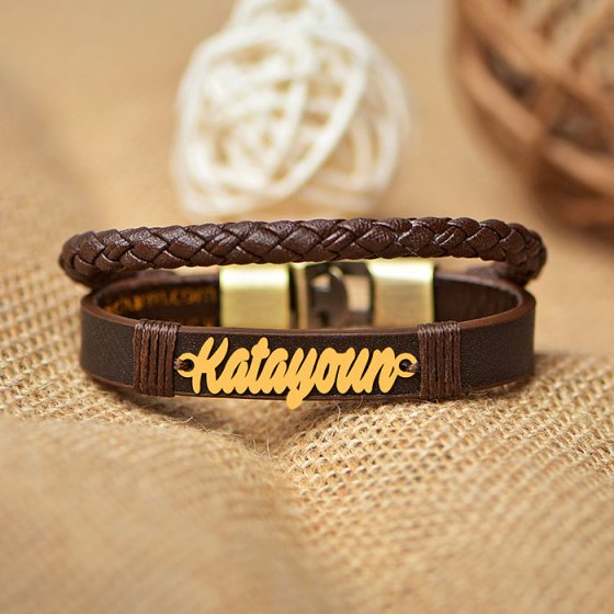 دستبند طلا چرم با پلاک اسم کتایون