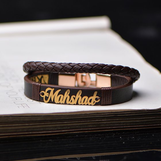 دستبند طلا چرم با پلاک اسم مهشاد