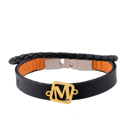 دستبند طلا چرم با پلاک حرف M