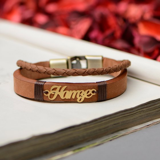 دستبند طلا چرم با پلاک اسم حمزه