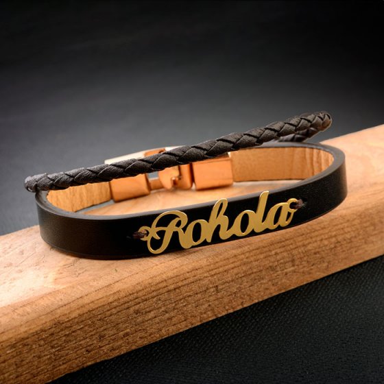 دستبند طلا چرم با اسم روح اله