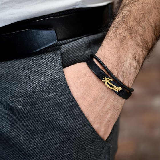 دستبند طلا چرم با اسم روح اله