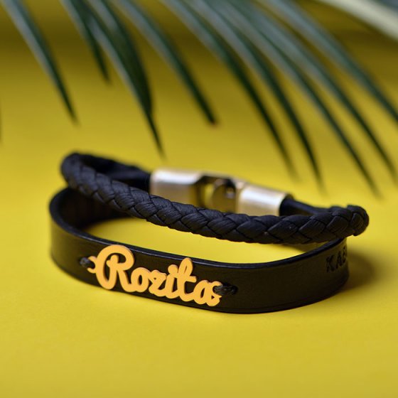 دستبند طلا چرم با پلاک اسم رزیتا