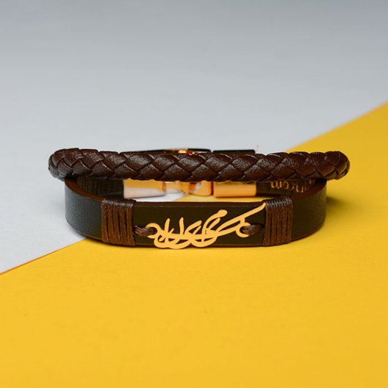 دستبند طلا چرم با پلاک اسم کاملیا