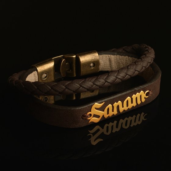 دستبند طلا چرم با پلاک اسم صنم