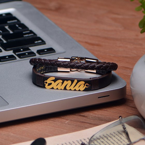 دستبند طلا چرم با پلاک اسم سانیا
