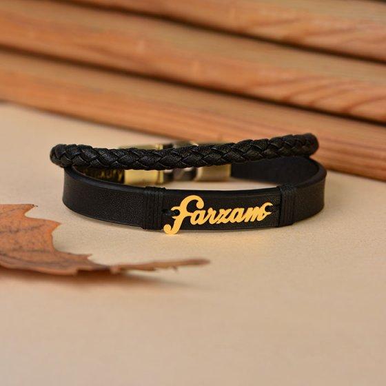دستبند طلا چرم با اسم فرزام