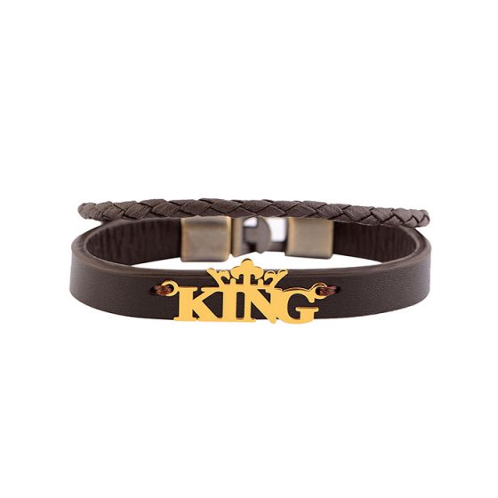 دستبند طلا چرم با پلاک کینگ