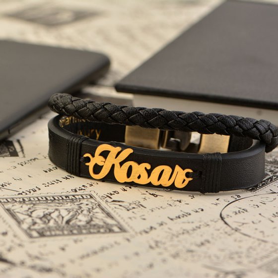 دستبند طلا چرم با اسم کوثر