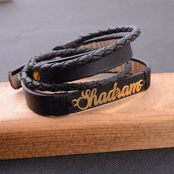 دستبند طلا چرم با پلاک اسم شادرام