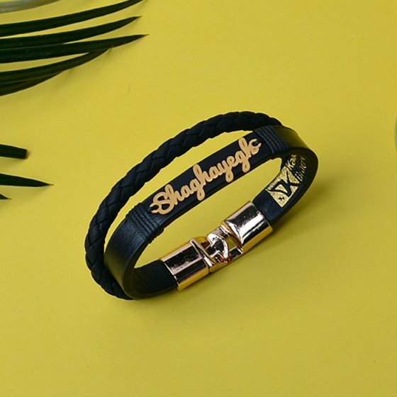 دستبند طلا چرم با پلاک اسم شقایق