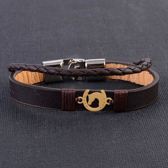 دستبند طلا چرم با پلاک طرح نعل اسب