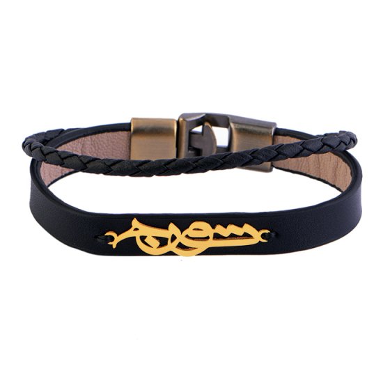 دستبند طلا چرم با پلاک اسم تورج