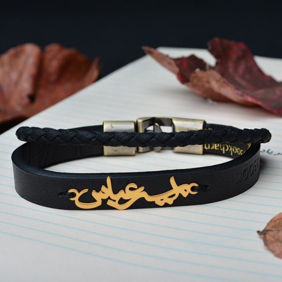 دستبند طلا چرم با پلاک اسم امیرعباس