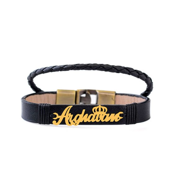 دستبند طلا چرم با پلاک اسم ارغوان