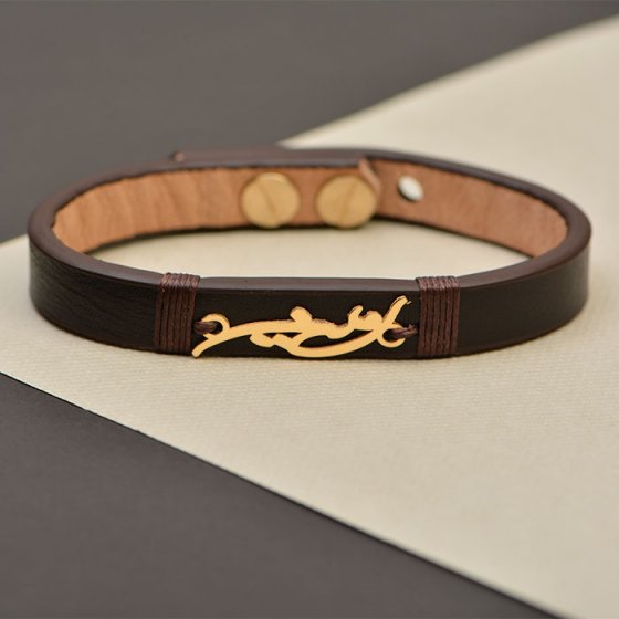 دستبند طلا چرم با پلاک اسم آمین
