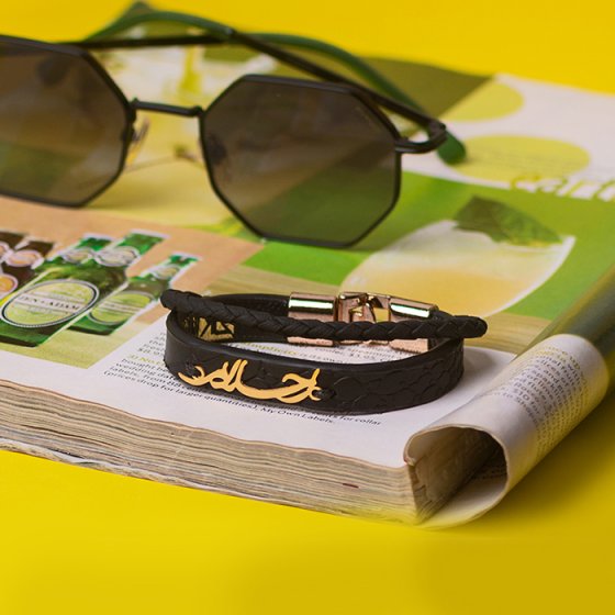 دستبند طلا چرم با پلاک اسم احلام