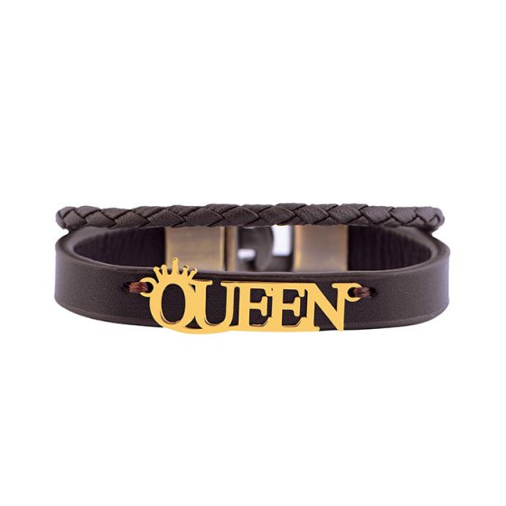 دستبند طلا چرم با اسم کویین