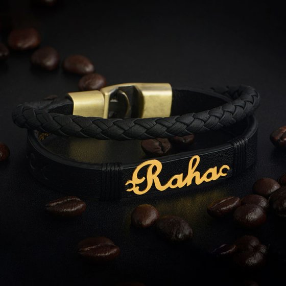 دستبند طلا چرم با اسم رها