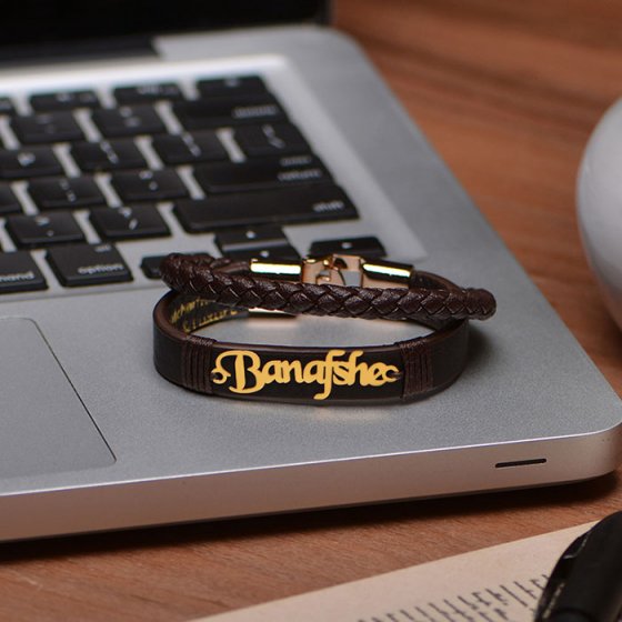 دستبند طلا چرم با پلاک اسم بنفشه