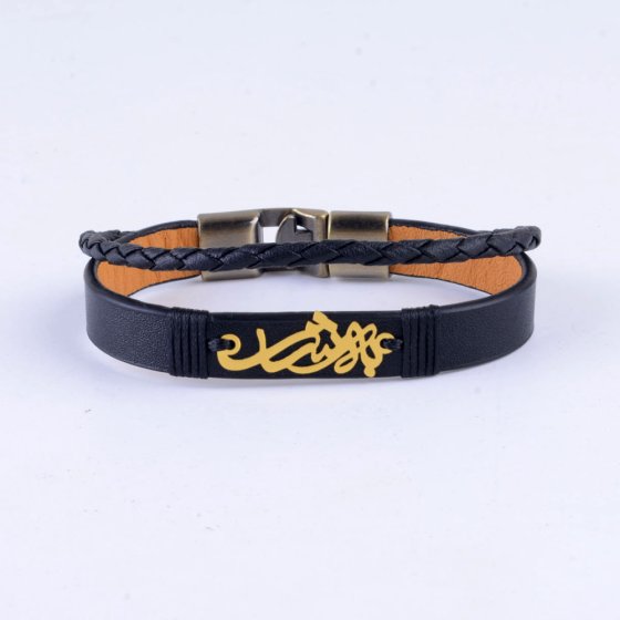 دستبند طلا چرم با پلاک اسم بهشار