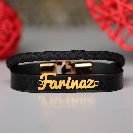 دستبند طلا چرم با اسم فریناز