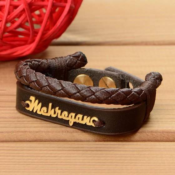 دستبند طلا چرم با پلاک اسم مهرگان