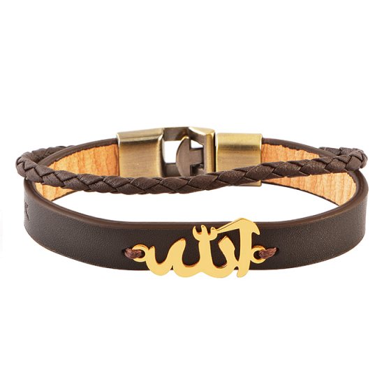 دستبند طلا چرم با پلاک اسم الله