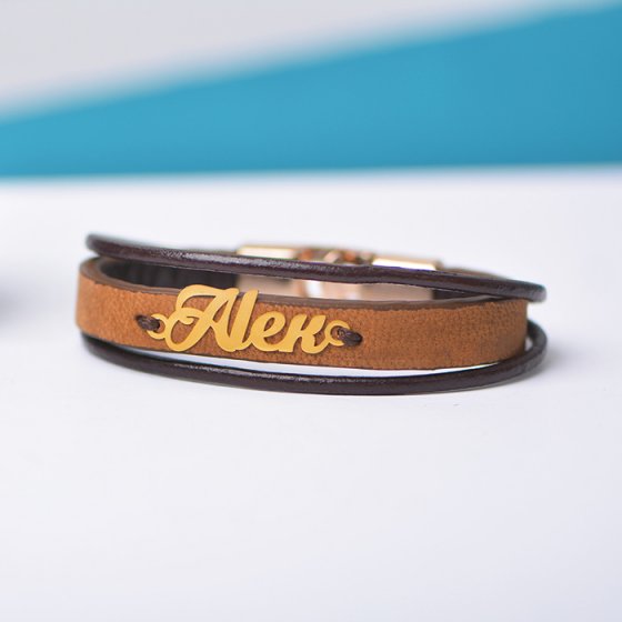 دستبند طلا چرم با پلاک اسم الکس