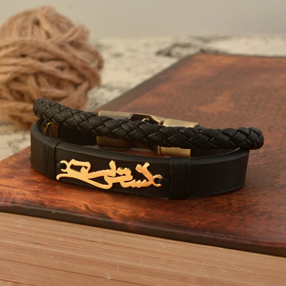 دستبند طلا چرم با اسم نسترن