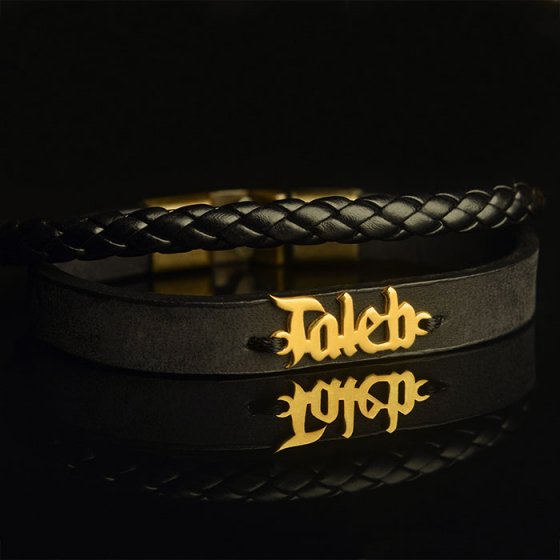 دستبند طلا چرم با پلاک اسم طالب